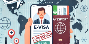 Infographic illustrating E-Visa types for trade and investment in the U.S., including E-1, E-2, and E-3 visas, along with eligibility requirements and application process